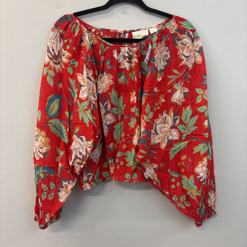 Maeve Red/ Multi Flower Print Long Puff Sleeve Top Extra Small