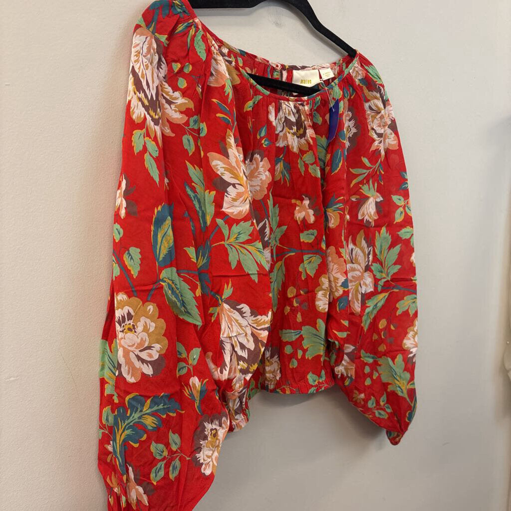 Maeve Red/ Multi Flower Print Long Puff Sleeve Top Extra Small