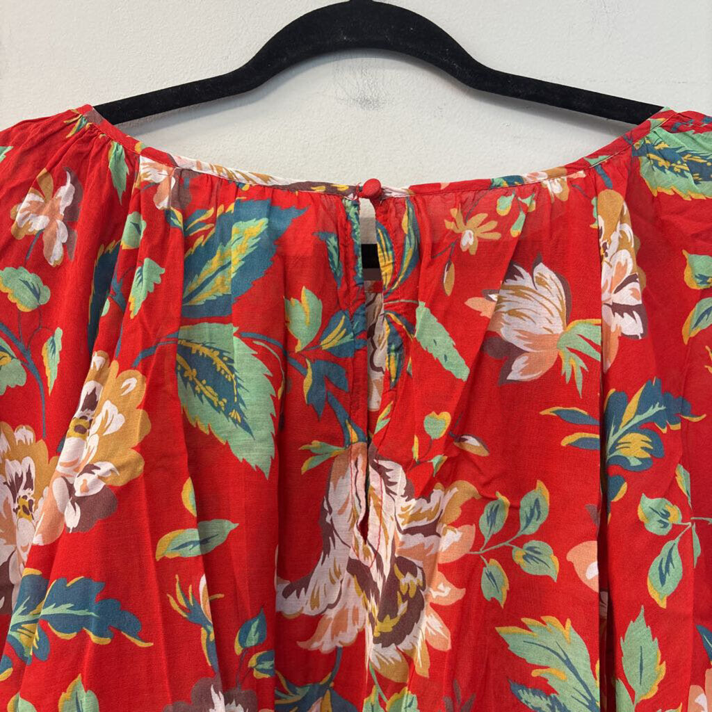 Maeve Red/ Multi Flower Print Long Puff Sleeve Top Extra Small