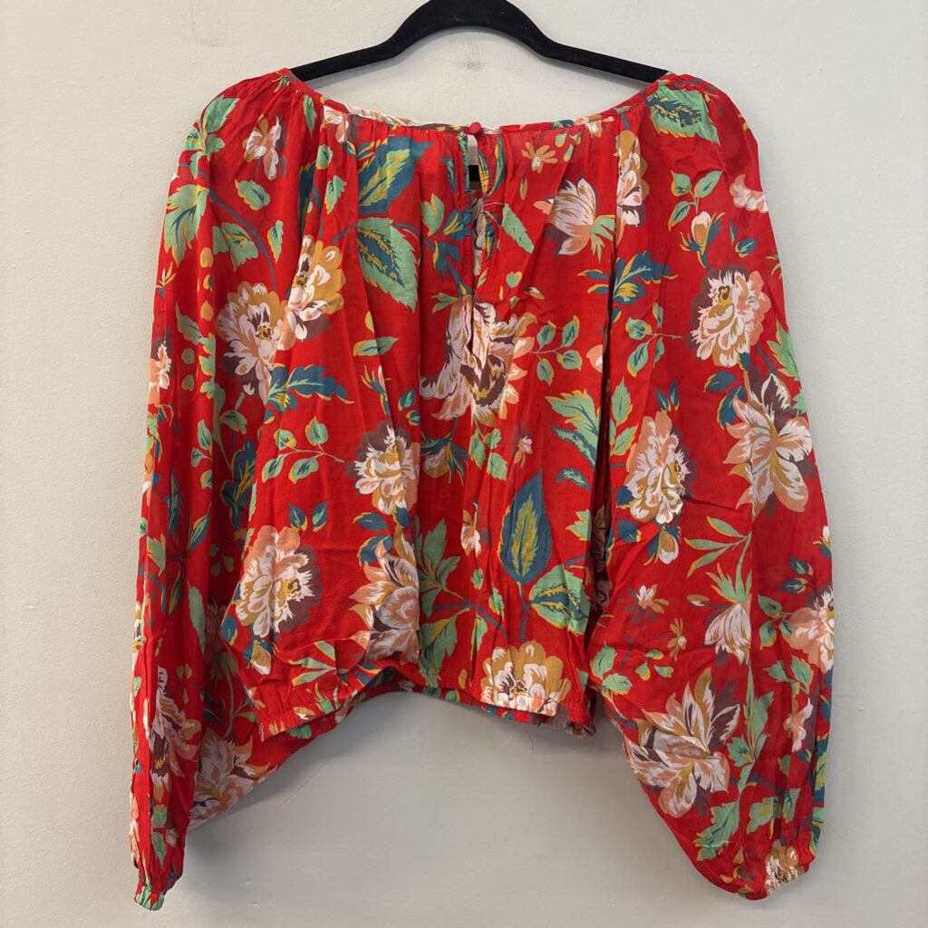 Maeve Red/ Multi Flower Print Long Puff Sleeve Top Extra Small
