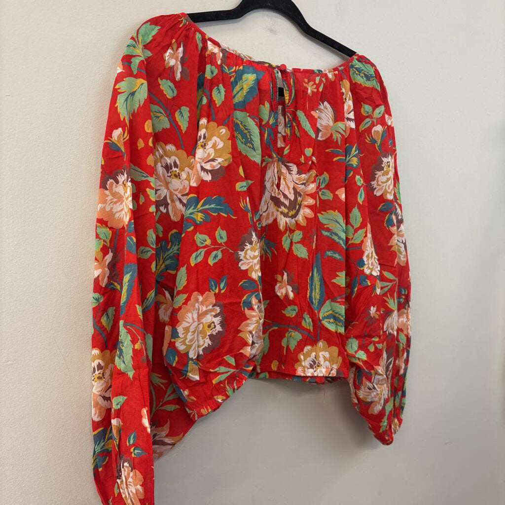Maeve Red/ Multi Flower Print Long Puff Sleeve Top Extra Small