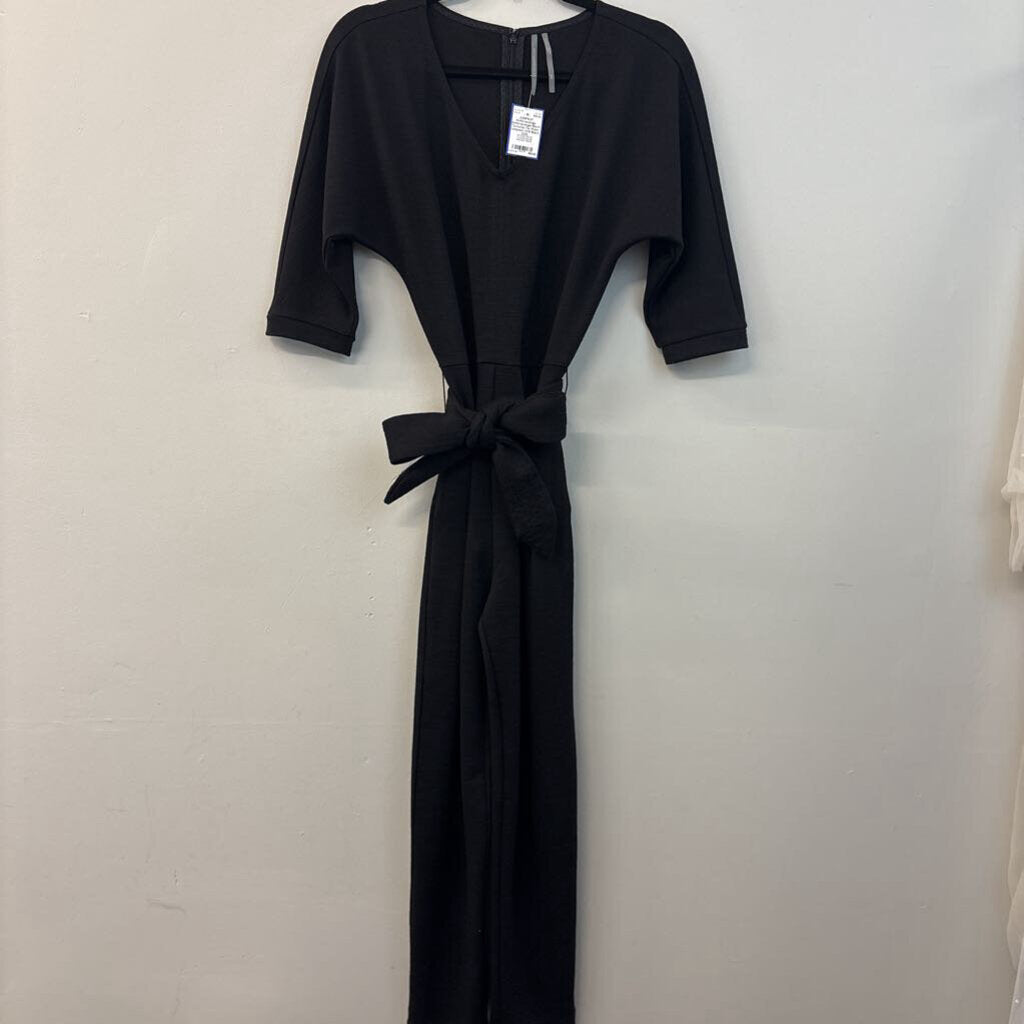 Anthropologie Black Textured Tie Waist Jumpsuit XXS