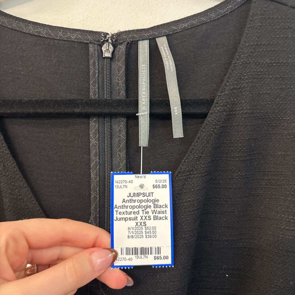 Anthropologie Black Textured Tie Waist Jumpsuit XXS