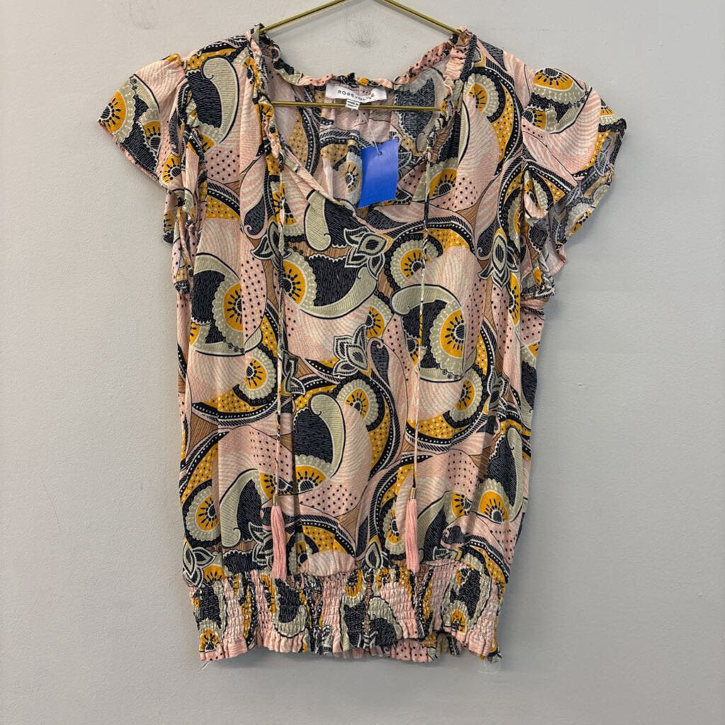 Rose and Olive Pink/ Multi Print Short Ruffle Sleeve Top Extra Small