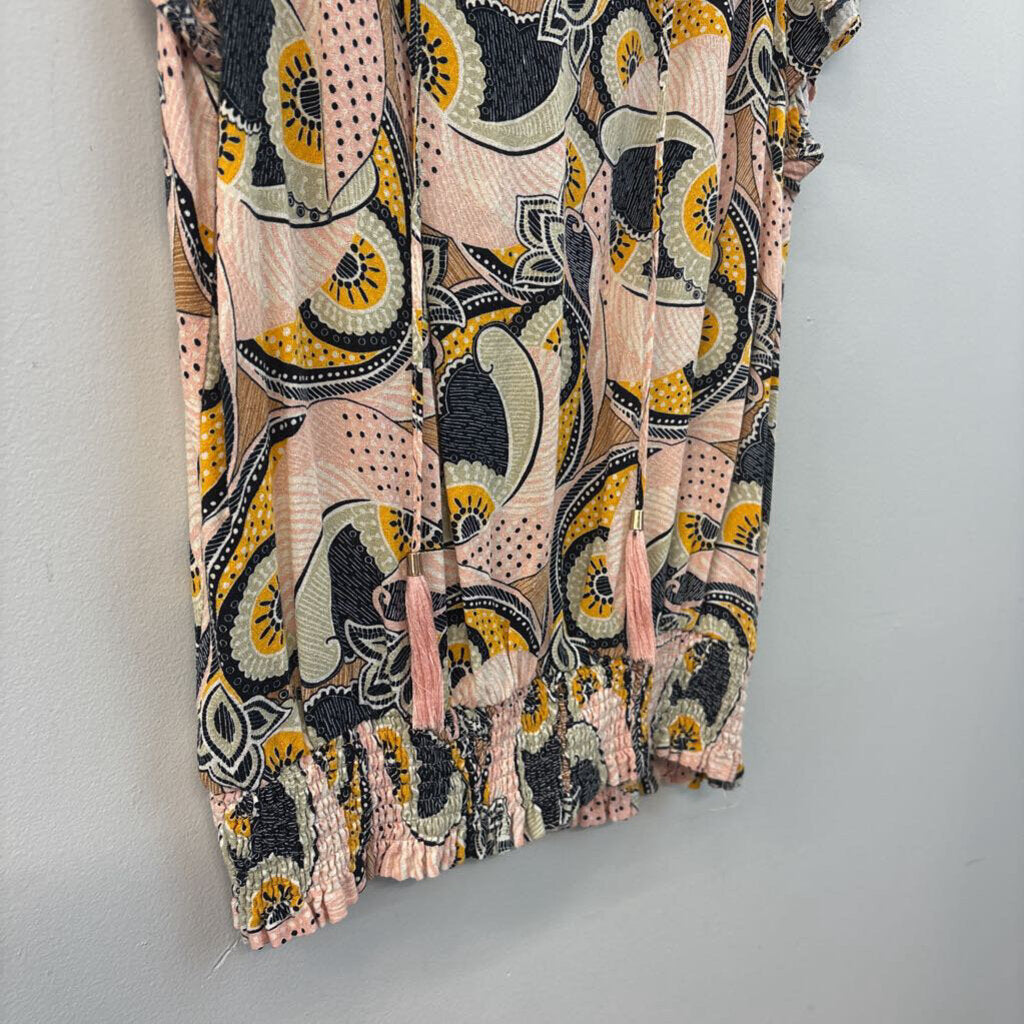 Rose and Olive Pink/ Multi Print Short Ruffle Sleeve Top Extra Small