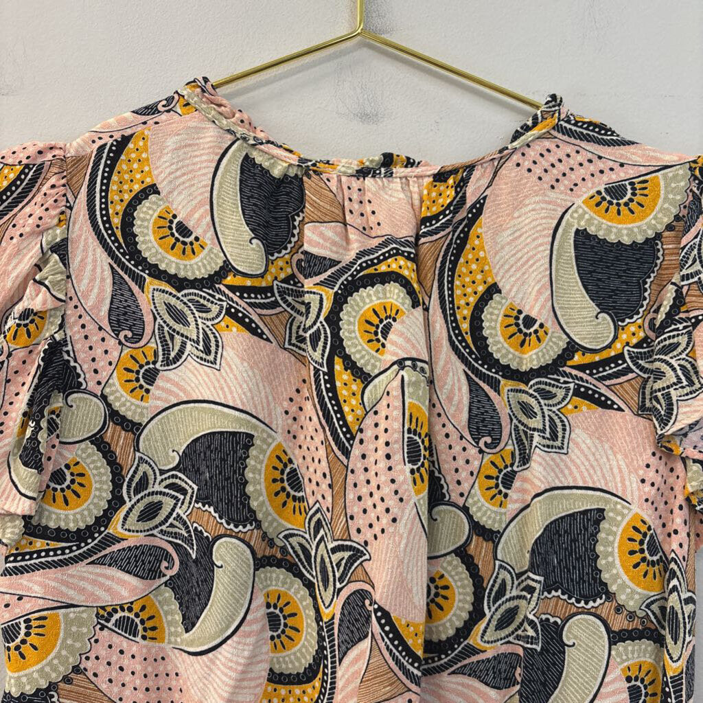 Rose and Olive Pink/ Multi Print Short Ruffle Sleeve Top Extra Small