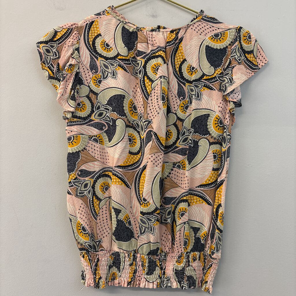 Rose and Olive Pink/ Multi Print Short Ruffle Sleeve Top Extra Small