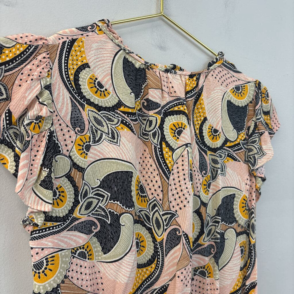 Rose and Olive Pink/ Multi Print Short Ruffle Sleeve Top Extra Small