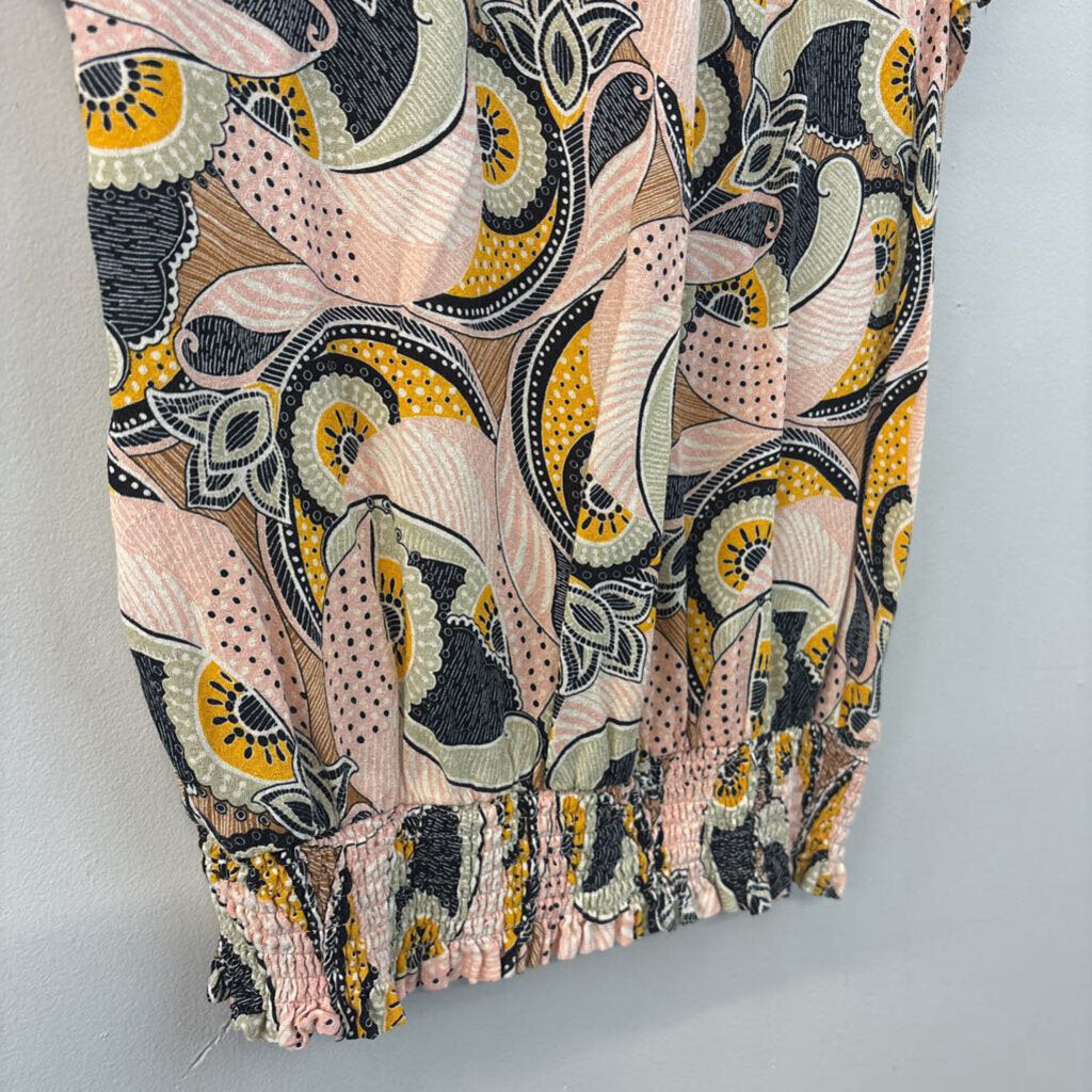 Rose and Olive Pink/ Multi Print Short Ruffle Sleeve Top Extra Small