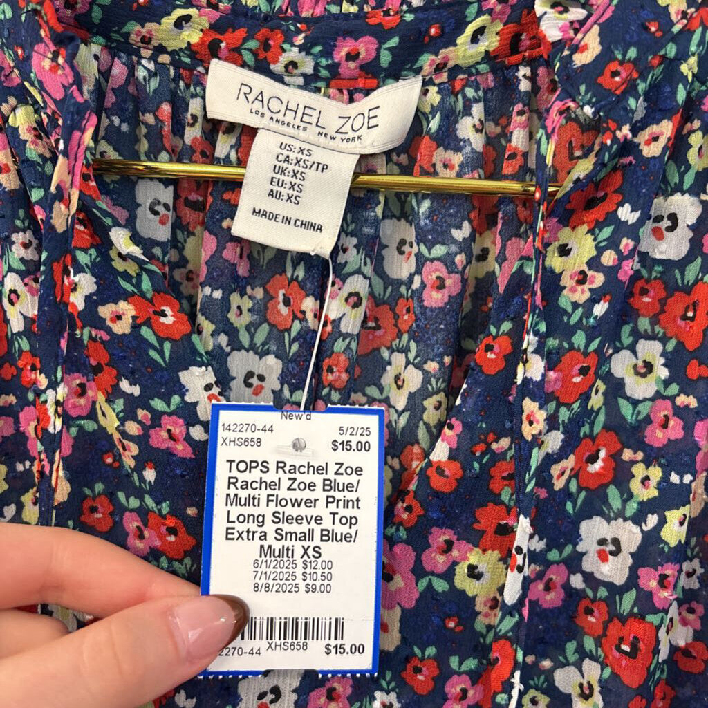 Rachel Zoe Blue/ Multi Flower Print Long Sleeve Top Extra Small
