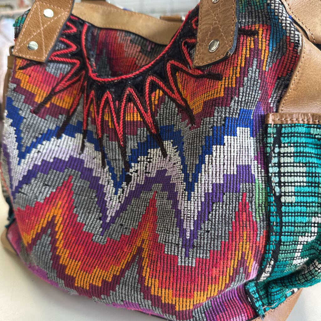 Brown Leather Multi Color Tapestry Purse