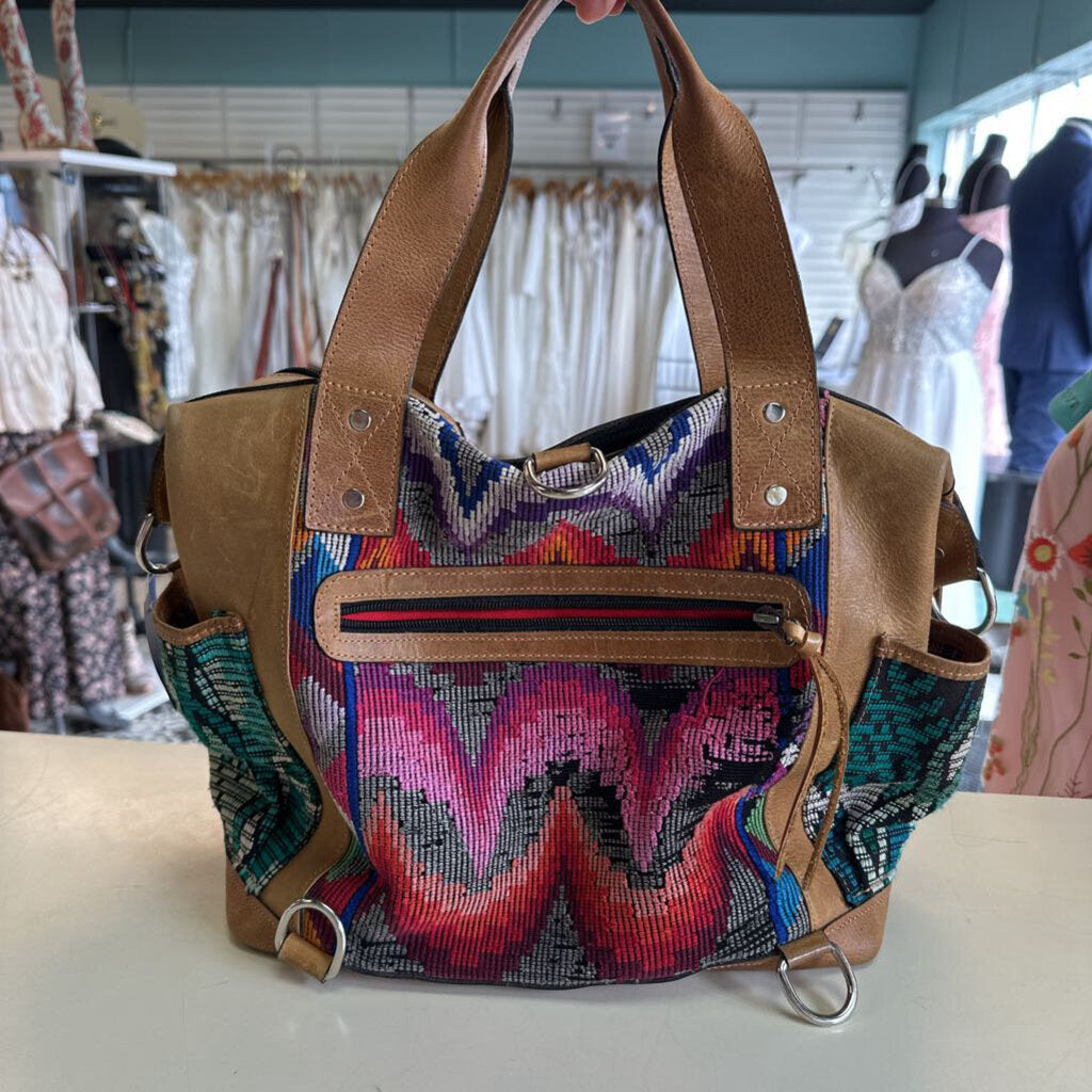 Brown Leather Multi Color Tapestry Purse