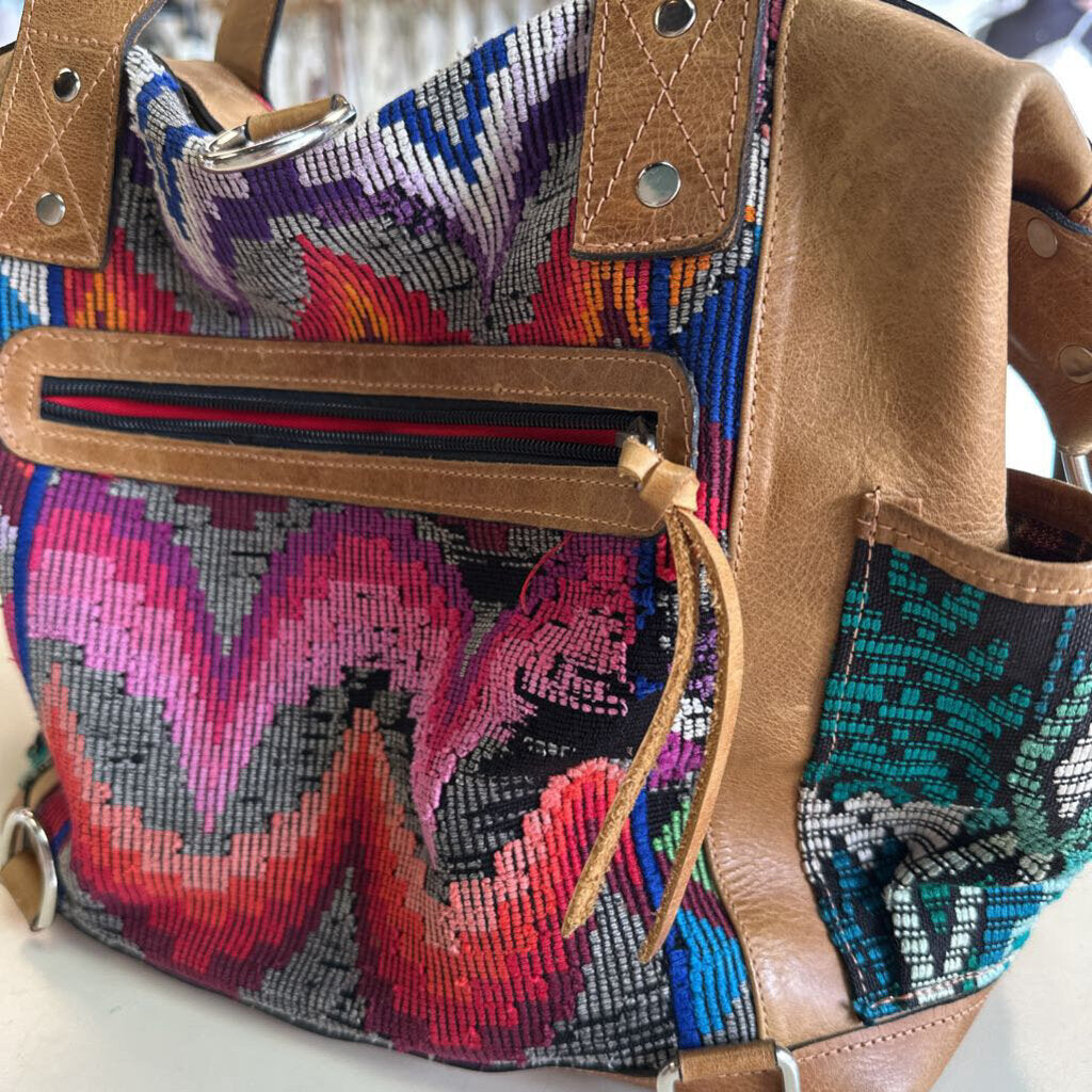 Brown Leather Multi Color Tapestry Purse