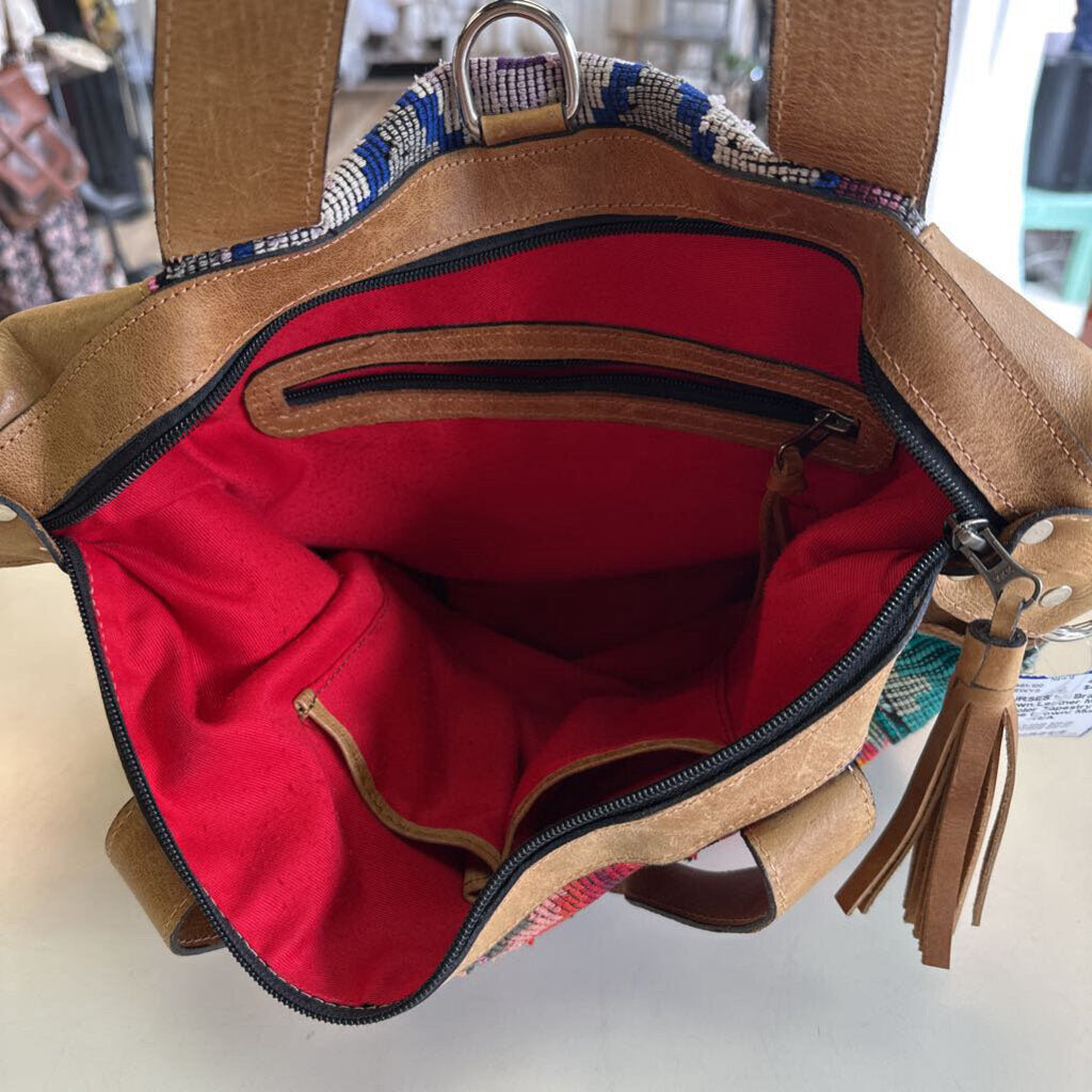 Brown Leather Multi Color Tapestry Purse