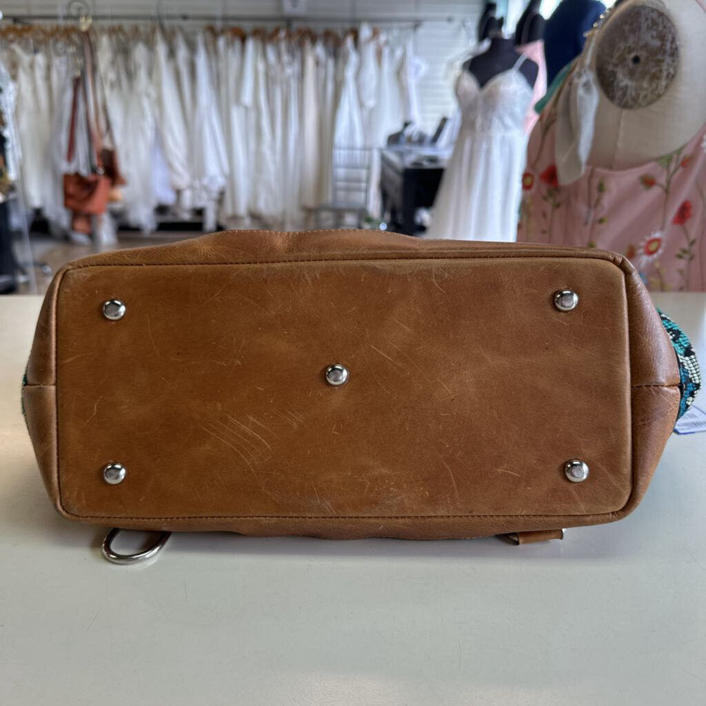 Brown Leather Multi Color Tapestry Purse