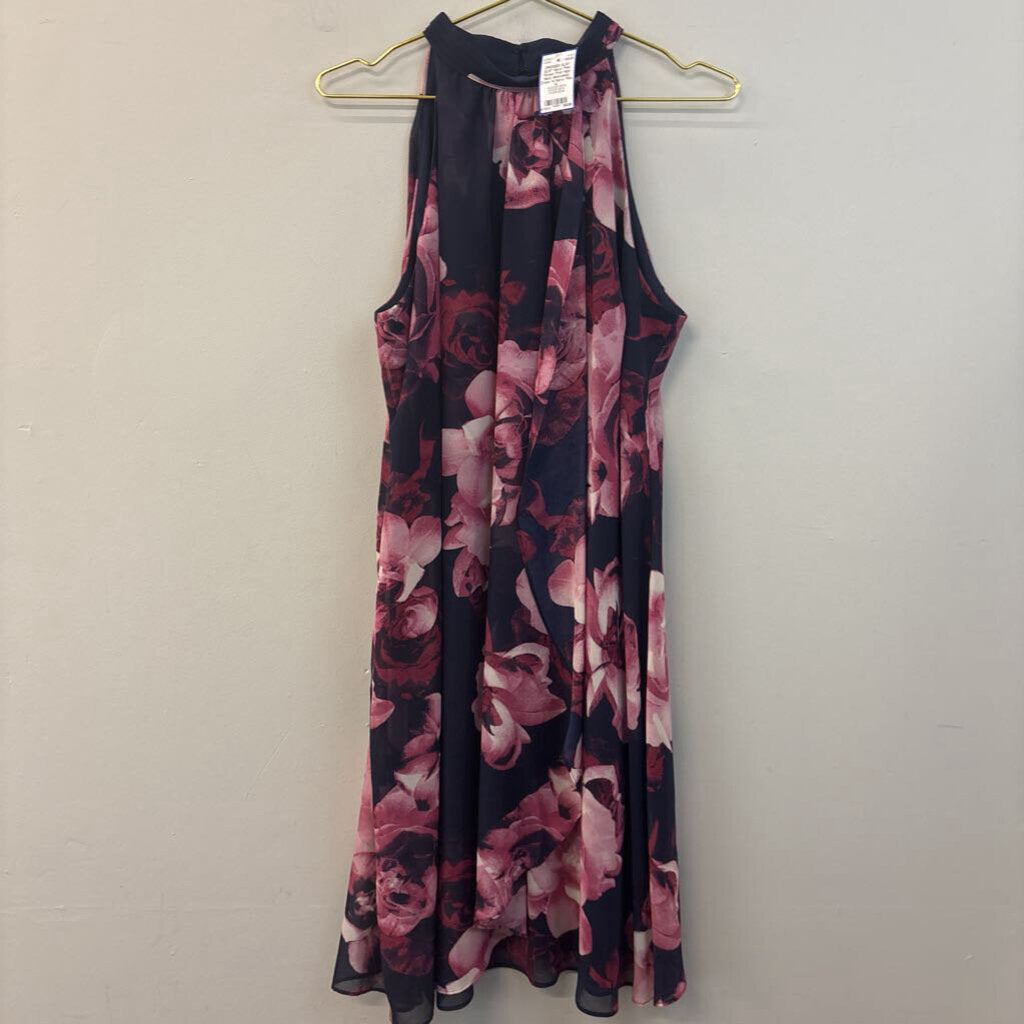 SLNY Navy/ Pink Flower Print High Neck Sleeveless Dress 14