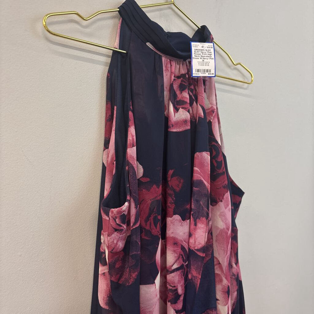 SLNY Navy/ Pink Flower Print High Neck Sleeveless Dress 14