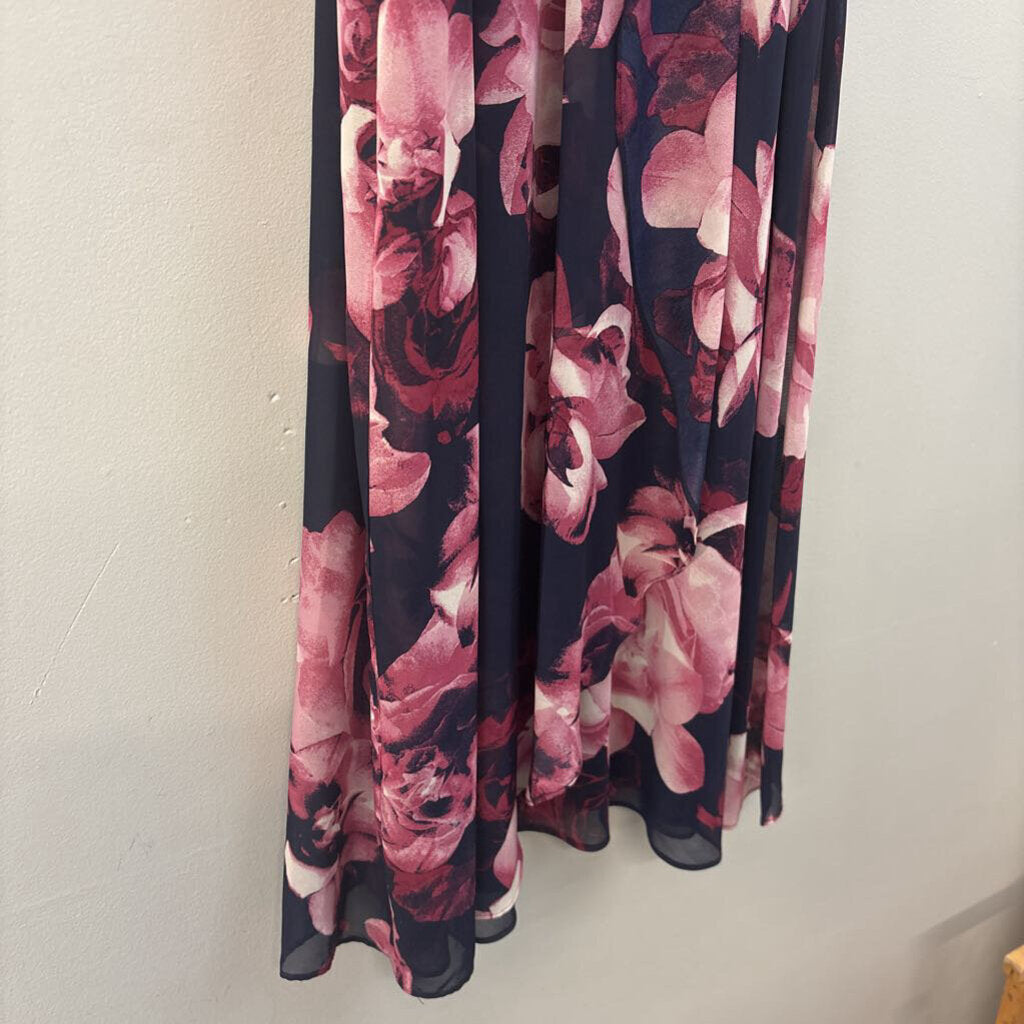SLNY Navy/ Pink Flower Print High Neck Sleeveless Dress 14