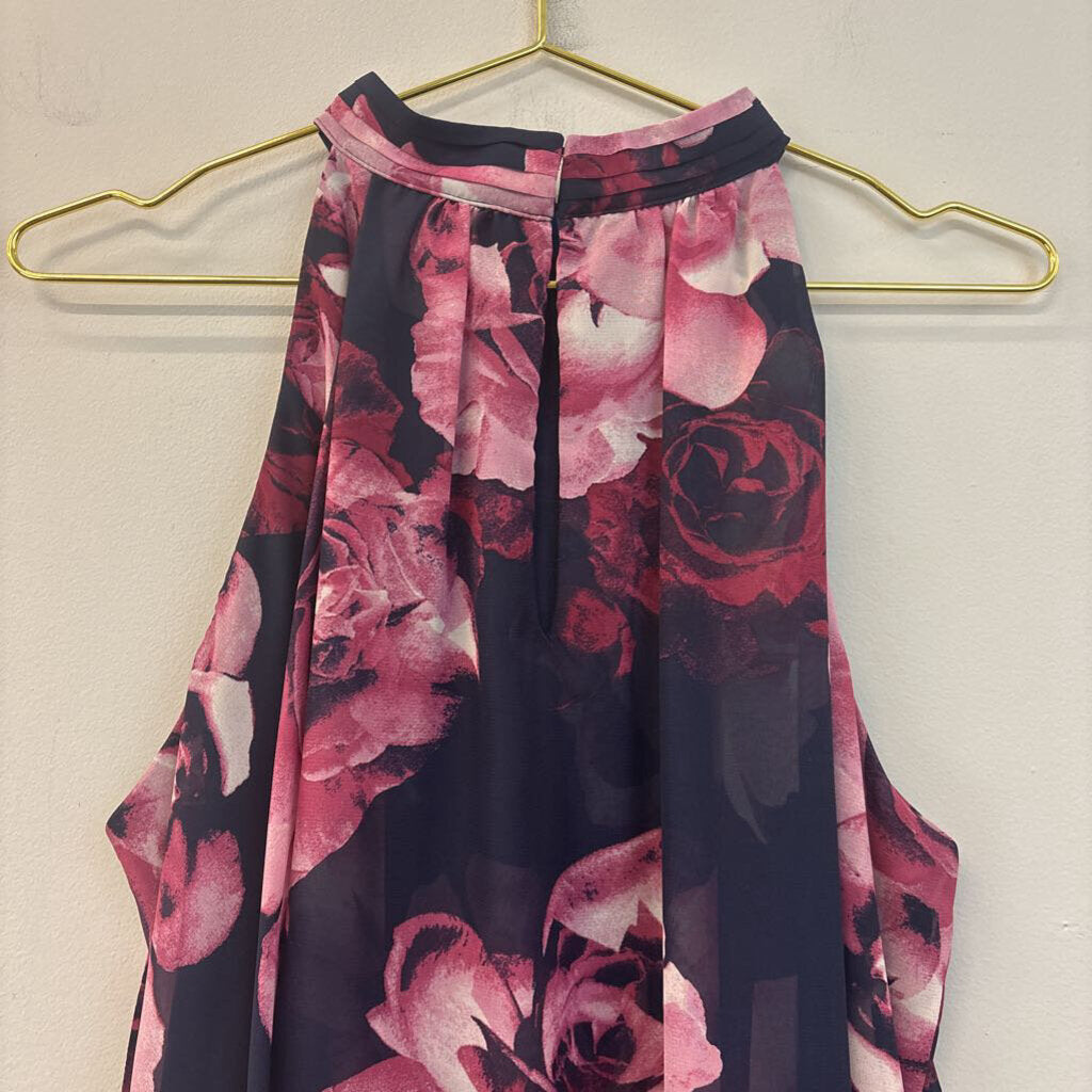 SLNY Navy/ Pink Flower Print High Neck Sleeveless Dress 14