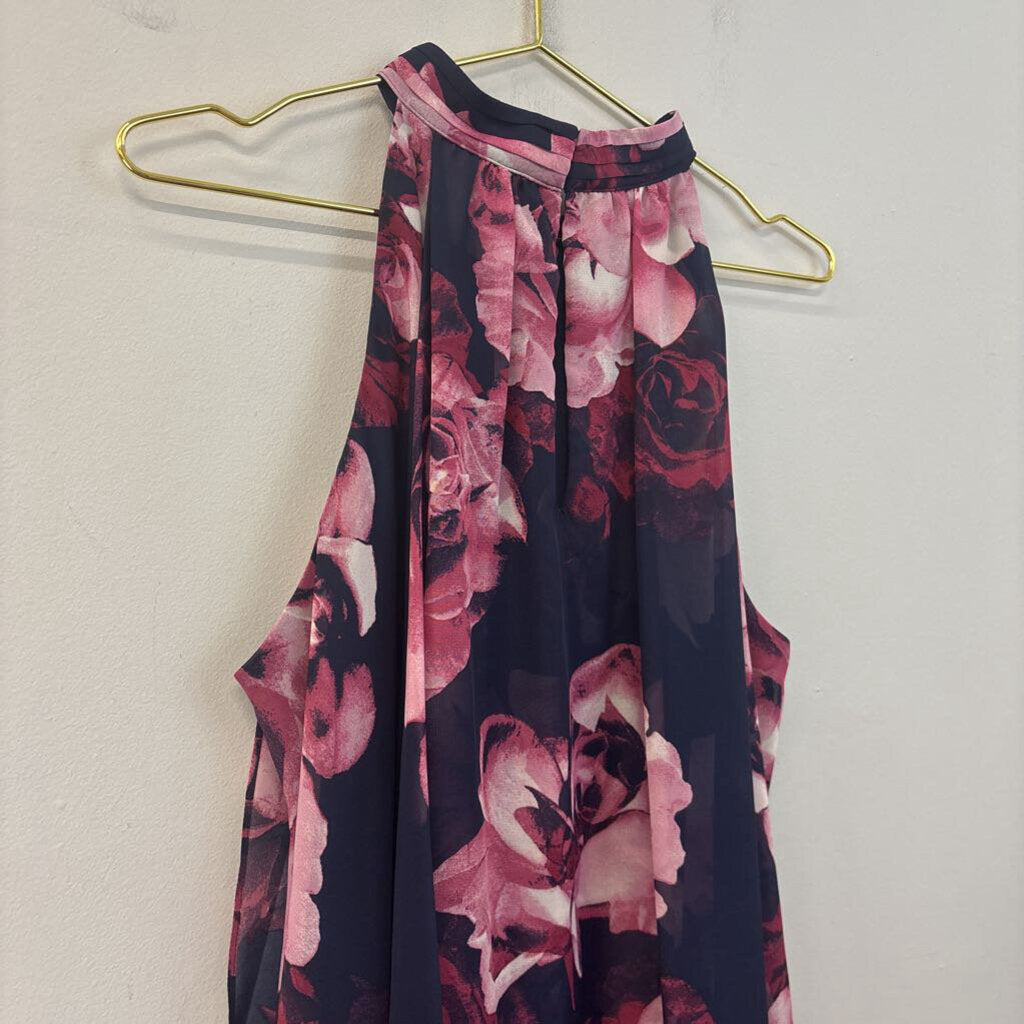 SLNY Navy/ Pink Flower Print High Neck Sleeveless Dress 14