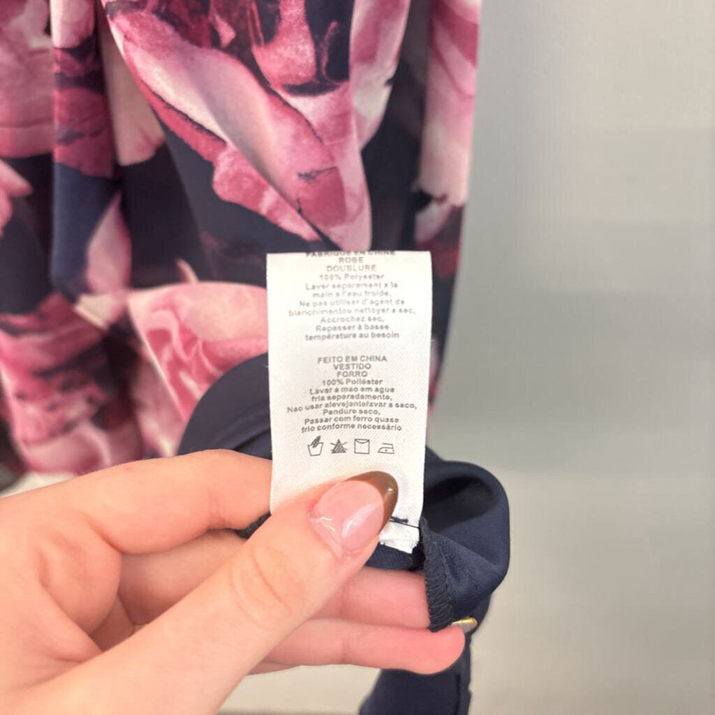 SLNY Navy/ Pink Flower Print High Neck Sleeveless Dress 14