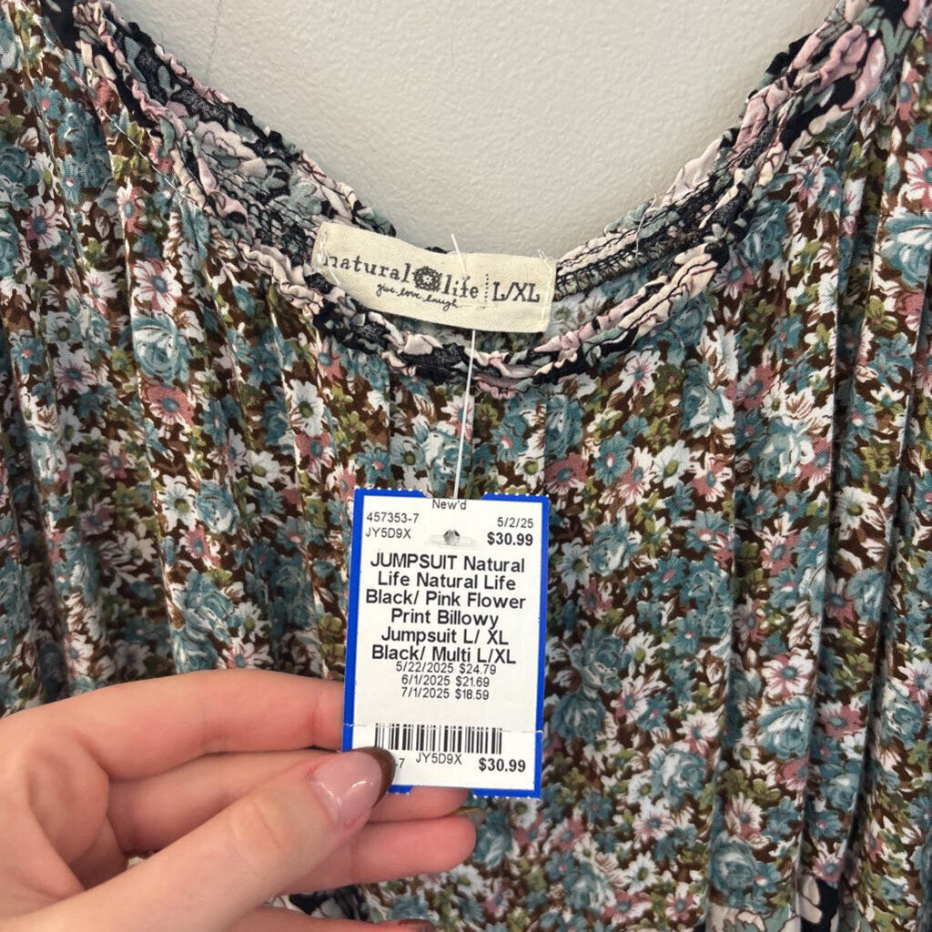 Natural Life Black/ Pink Flower Print Billowy Jumpsuit L/ XL