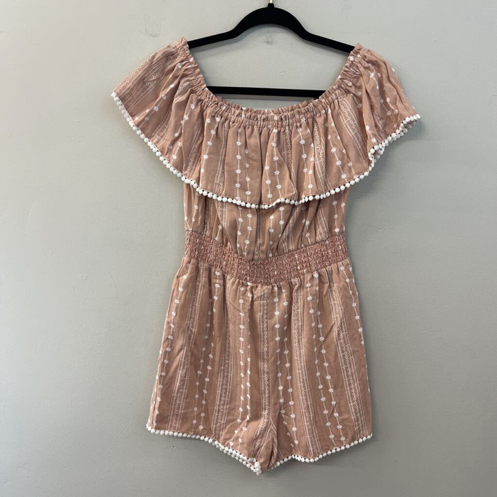 Pink Lily Brown/ White Flower Print Off Shoulder Romper Small