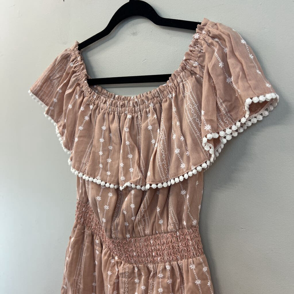 Pink Lily Brown/ White Flower Print Off Shoulder Romper Small