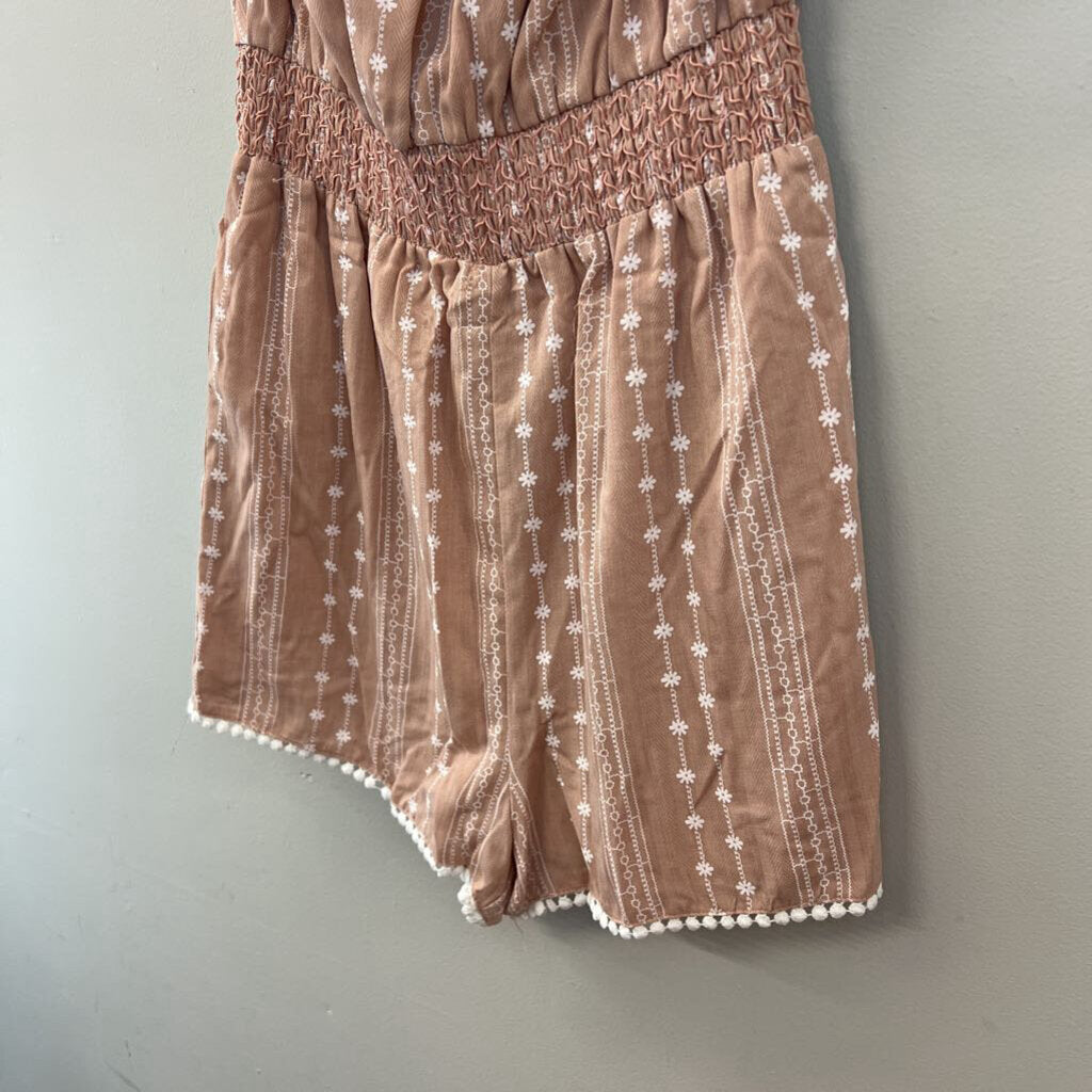 Pink Lily Brown/ White Flower Print Off Shoulder Romper Small