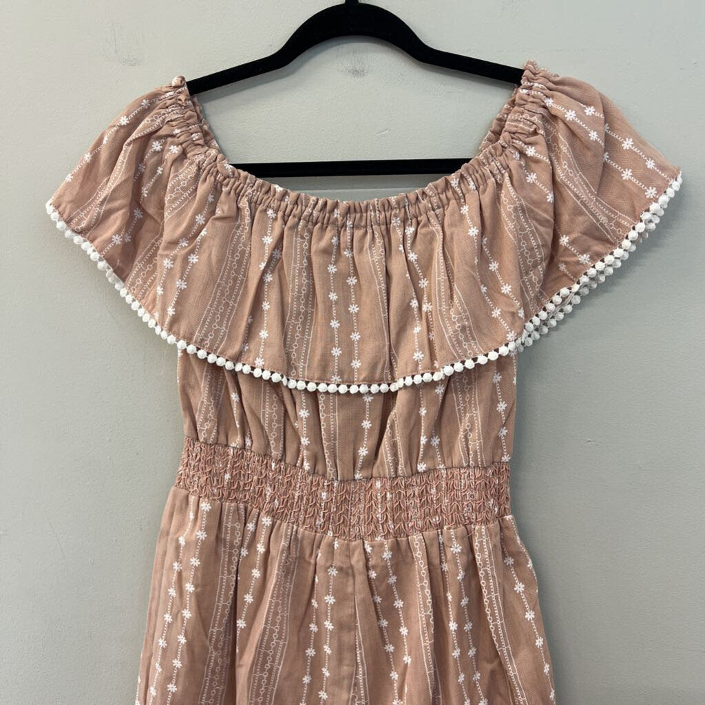 Pink Lily Brown/ White Flower Print Off Shoulder Romper Small
