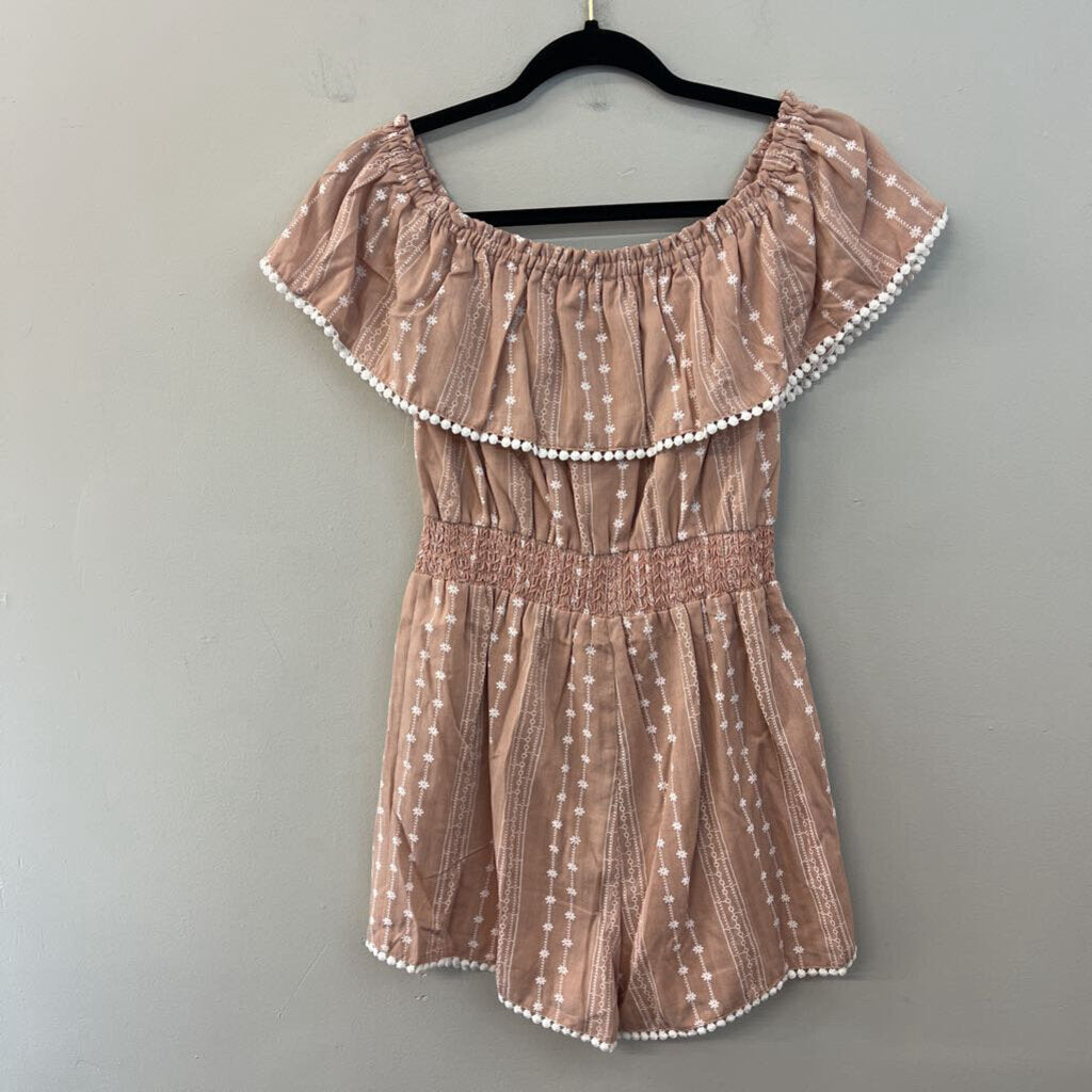 Pink Lily Brown/ White Flower Print Off Shoulder Romper Small