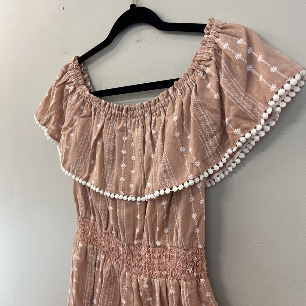 Pink Lily Brown/ White Flower Print Off Shoulder Romper Small