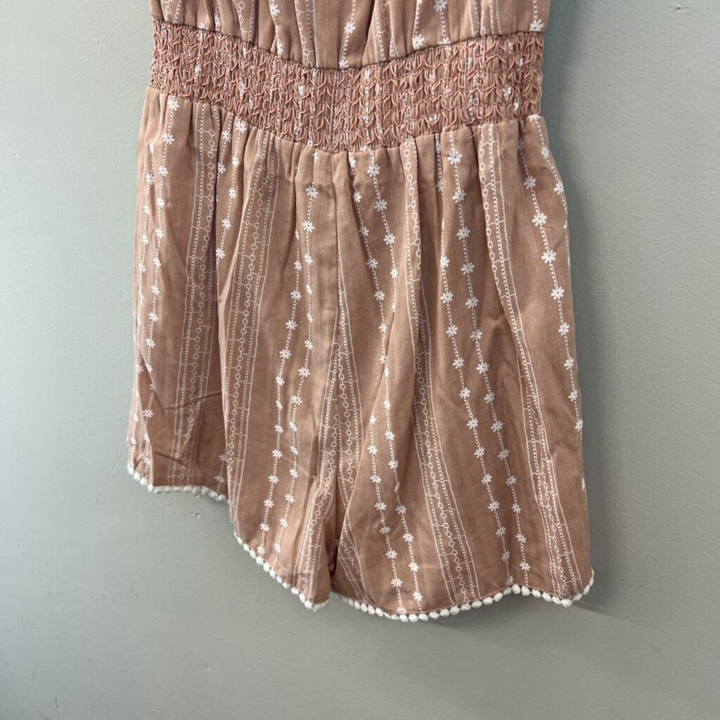 Pink Lily Brown/ White Flower Print Off Shoulder Romper Small