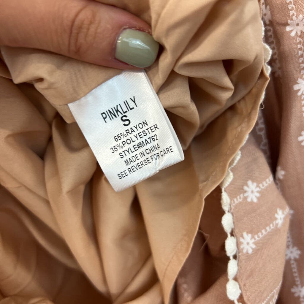 Pink Lily Brown/ White Flower Print Off Shoulder Romper Small
