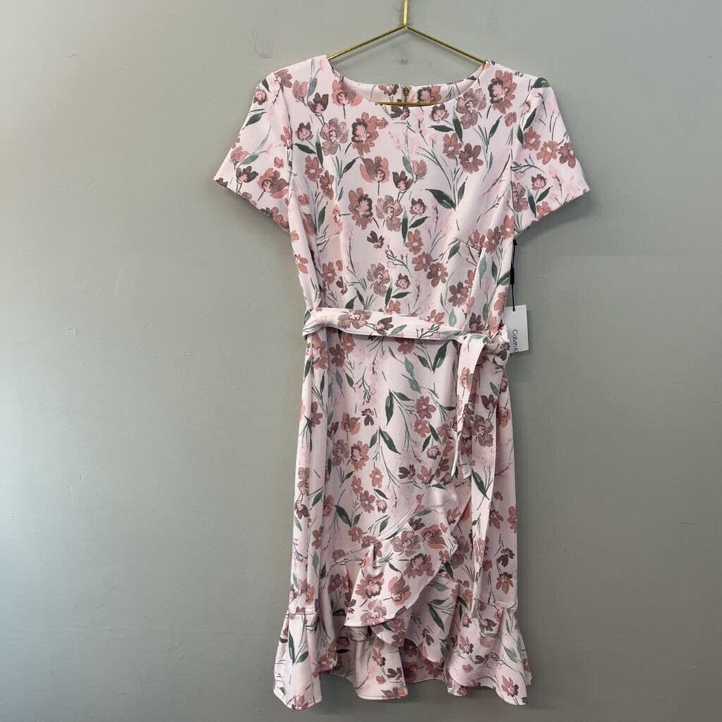 Calvin Klein Pink Flower Print Short Sleeve Ruffle Hem Dress 4