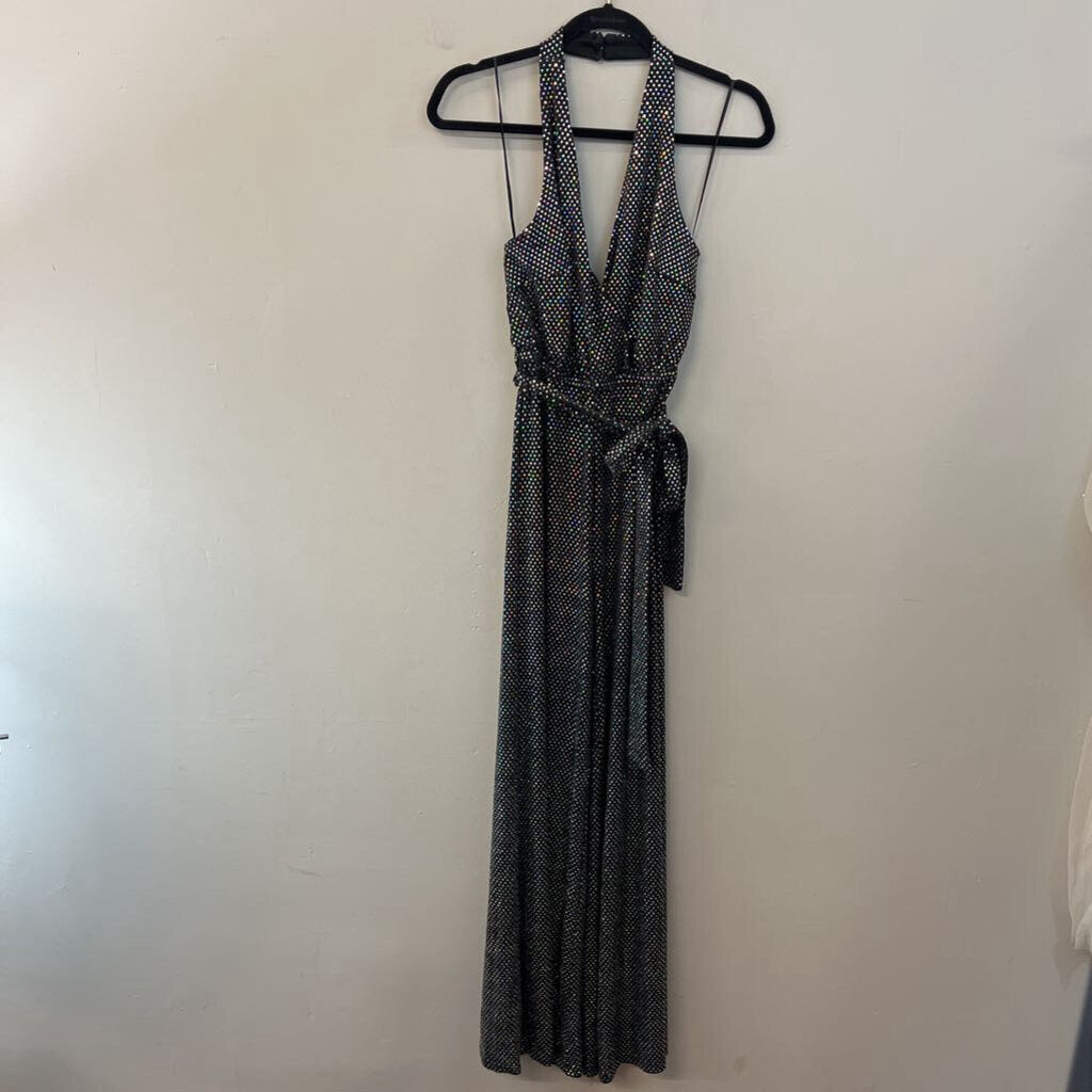 Flying Tomato Black/ Iridescent Sparkle Halter Top Jumpsuit Small