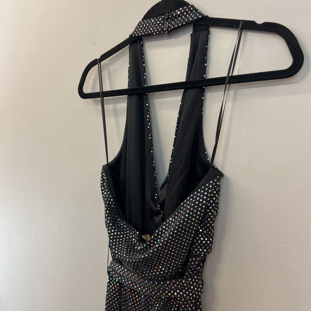 Flying Tomato Black/ Iridescent Sparkle Halter Top Jumpsuit Small