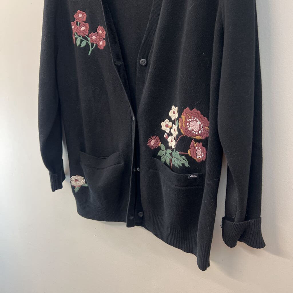 Vans Black Embroidered Flower Long Sleeve Cardigan Sweater XS/ S