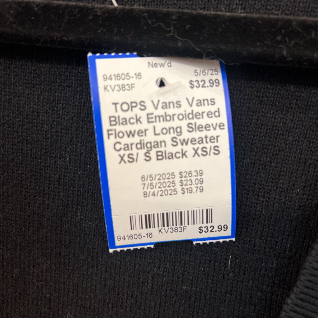 Vans Black Embroidered Flower Long Sleeve Cardigan Sweater XS/ S