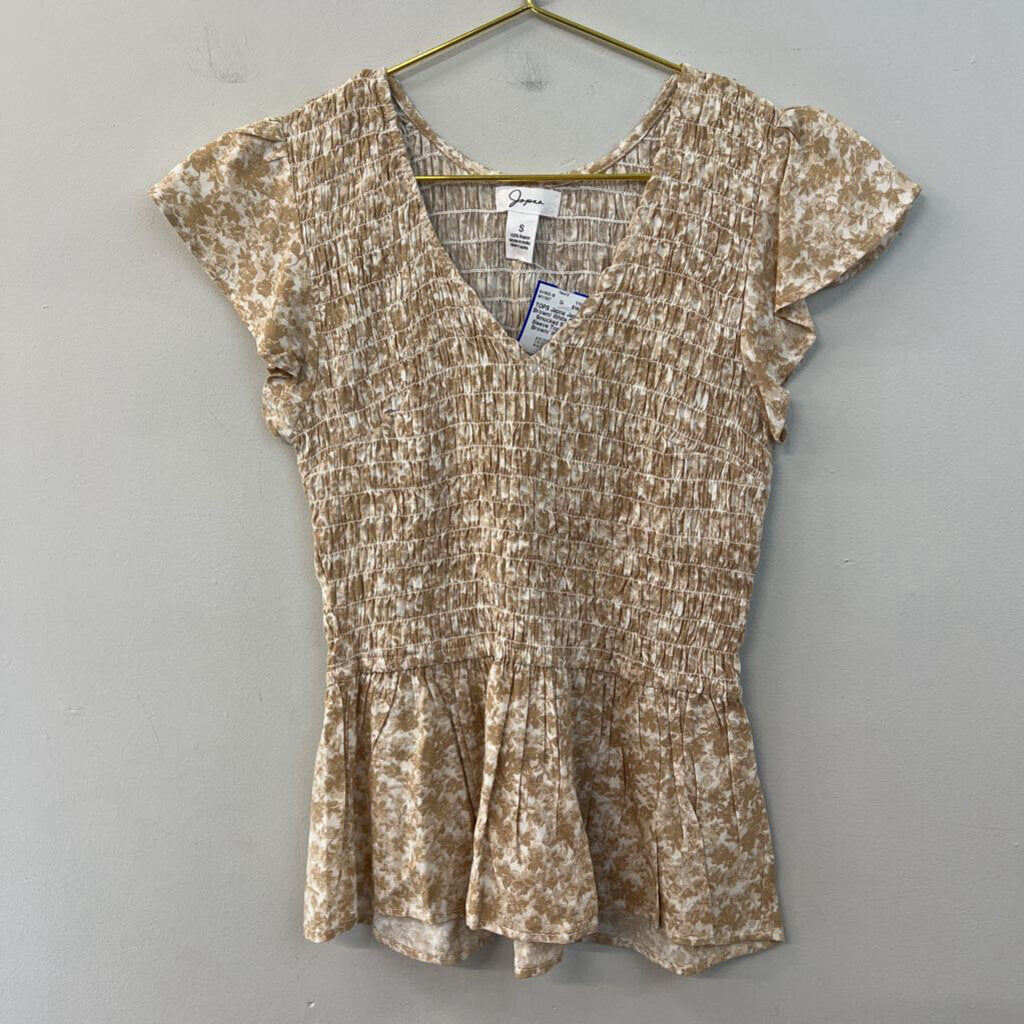 Japna Brown/ White Print Smocked Short Sleeve Top Small