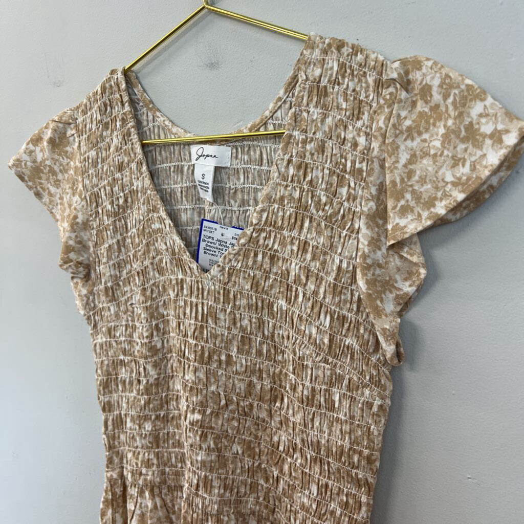 Japna Brown/ White Print Smocked Short Sleeve Top Small