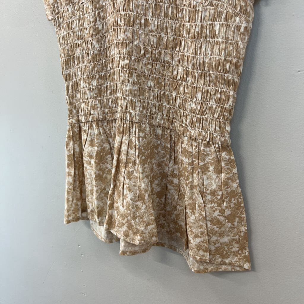 Japna Brown/ White Print Smocked Short Sleeve Top Small