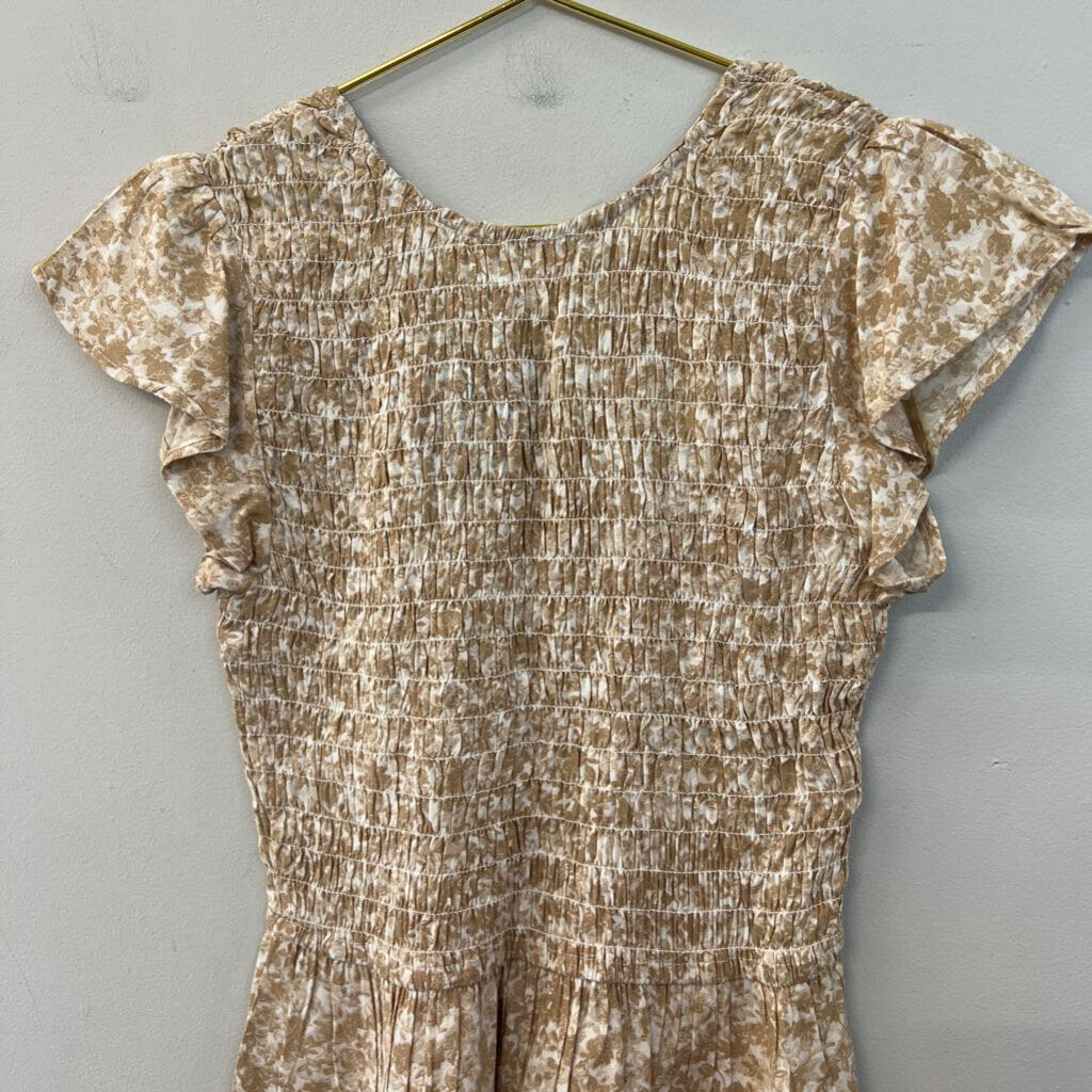 Japna Brown/ White Print Smocked Short Sleeve Top Small