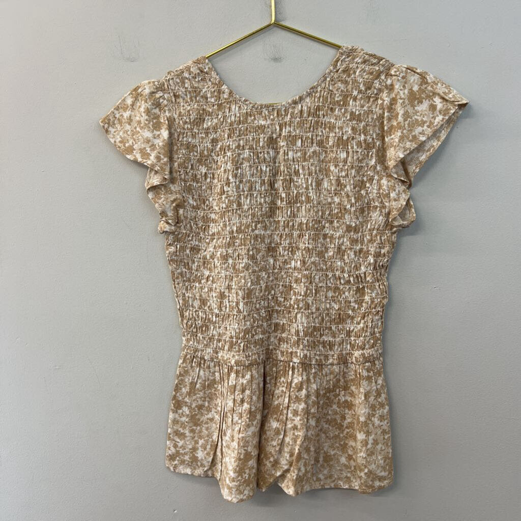 Japna Brown/ White Print Smocked Short Sleeve Top Small