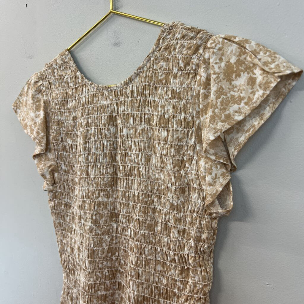 Japna Brown/ White Print Smocked Short Sleeve Top Small