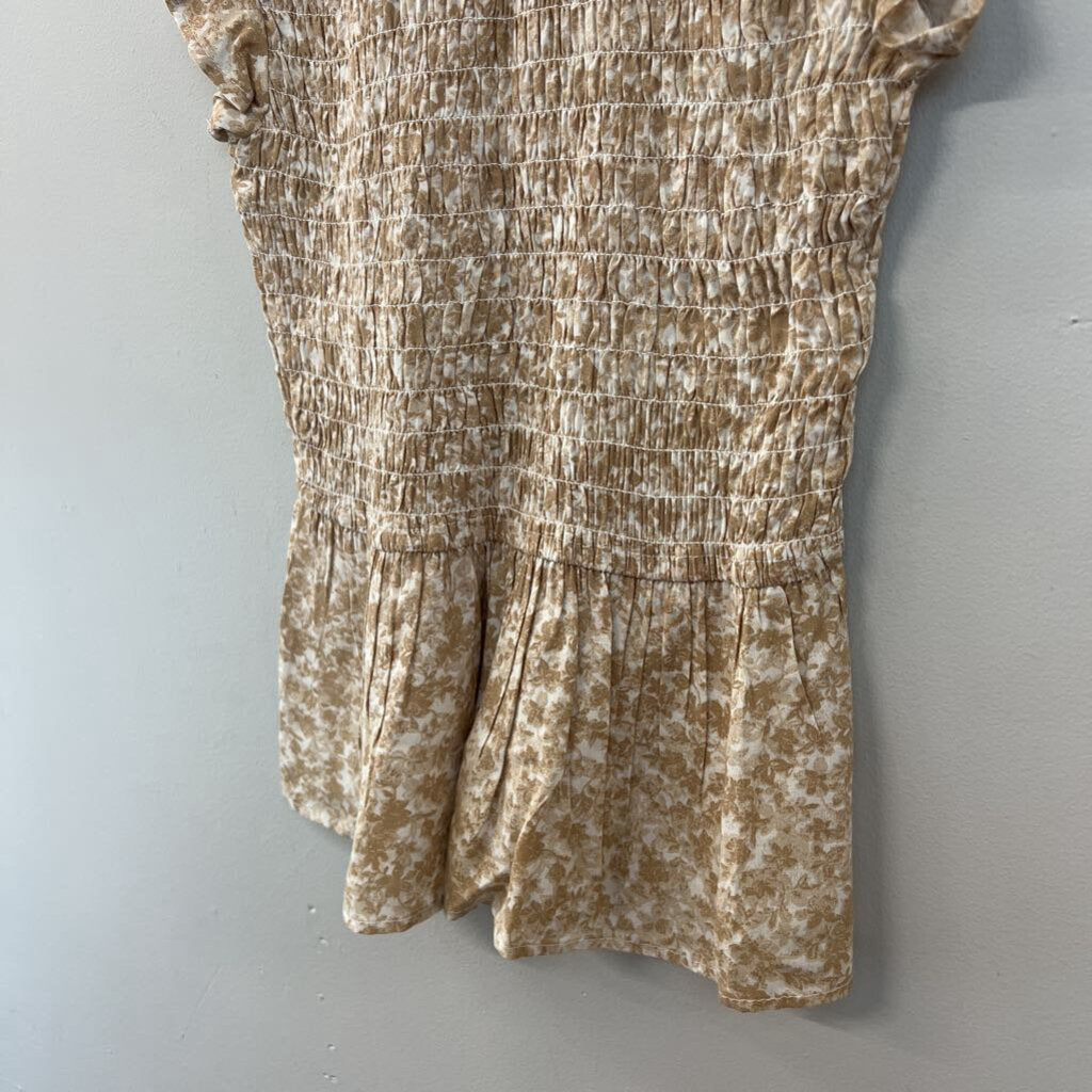 Japna Brown/ White Print Smocked Short Sleeve Top Small