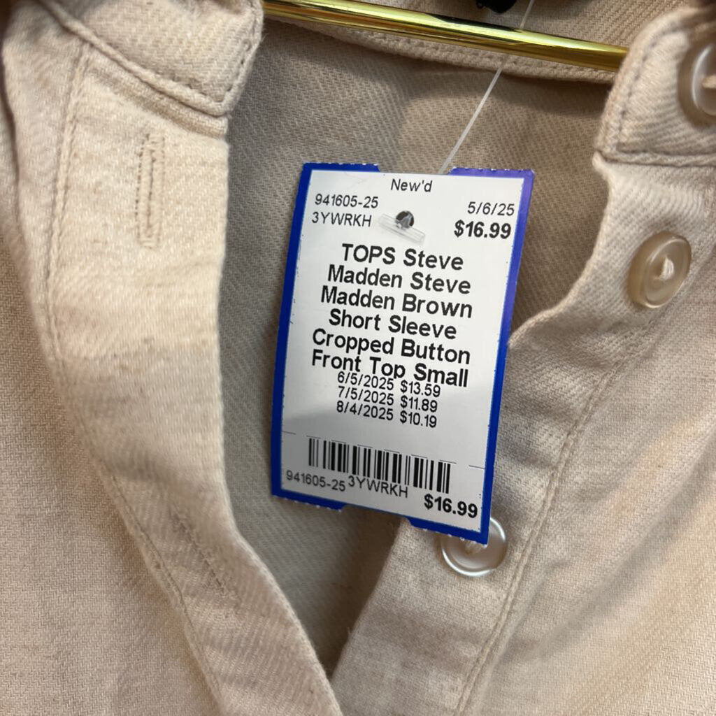 Steve Madden Brown Short Sleeve Cropped Button Front Top Small