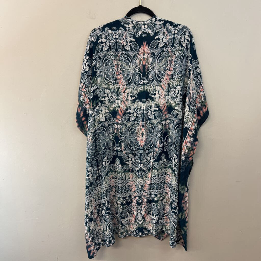 Altar'd State Blue/ Multi Print Short Sleeve Open Front Kimono Top One Size