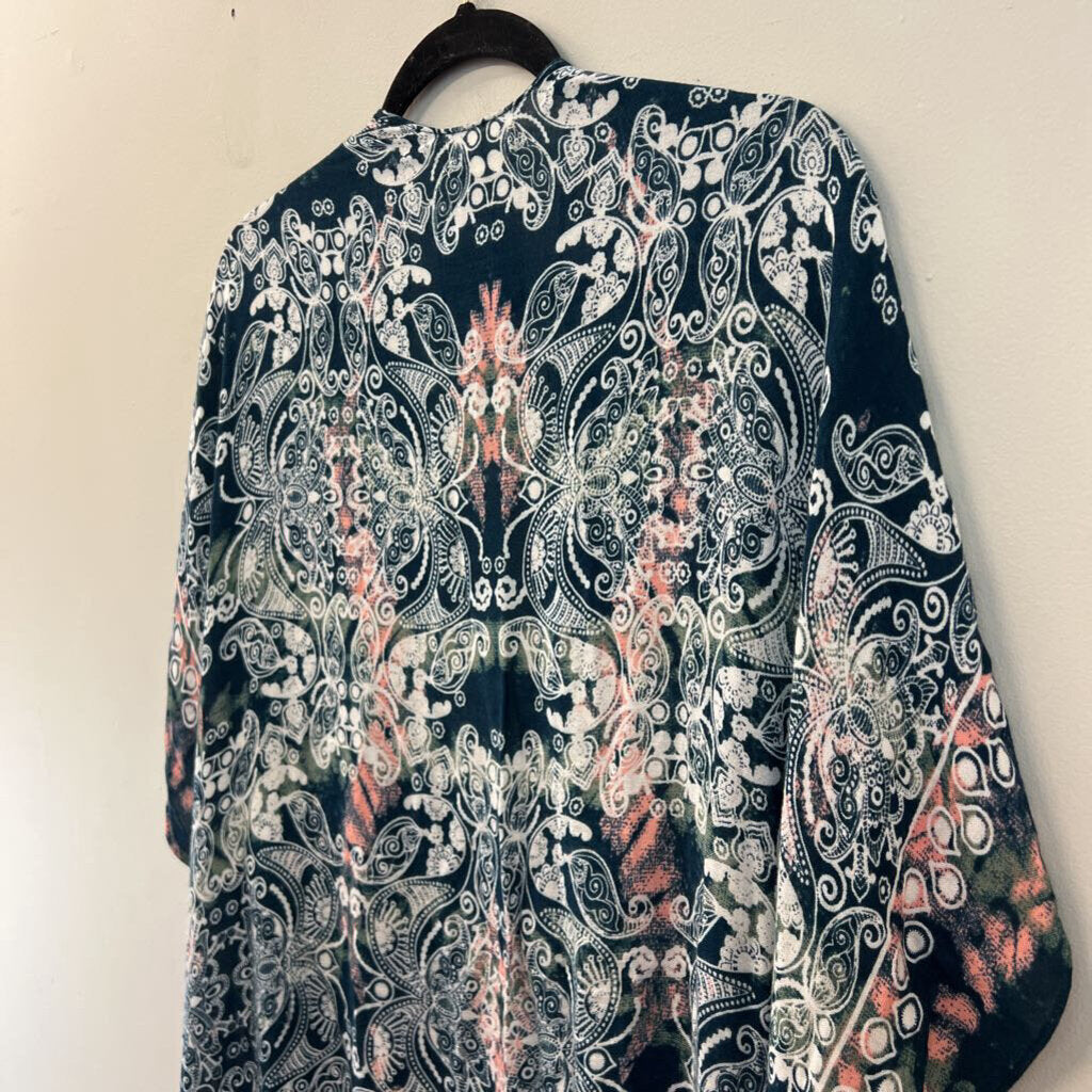 Altar'd State Blue/ Multi Print Short Sleeve Open Front Kimono Top One Size