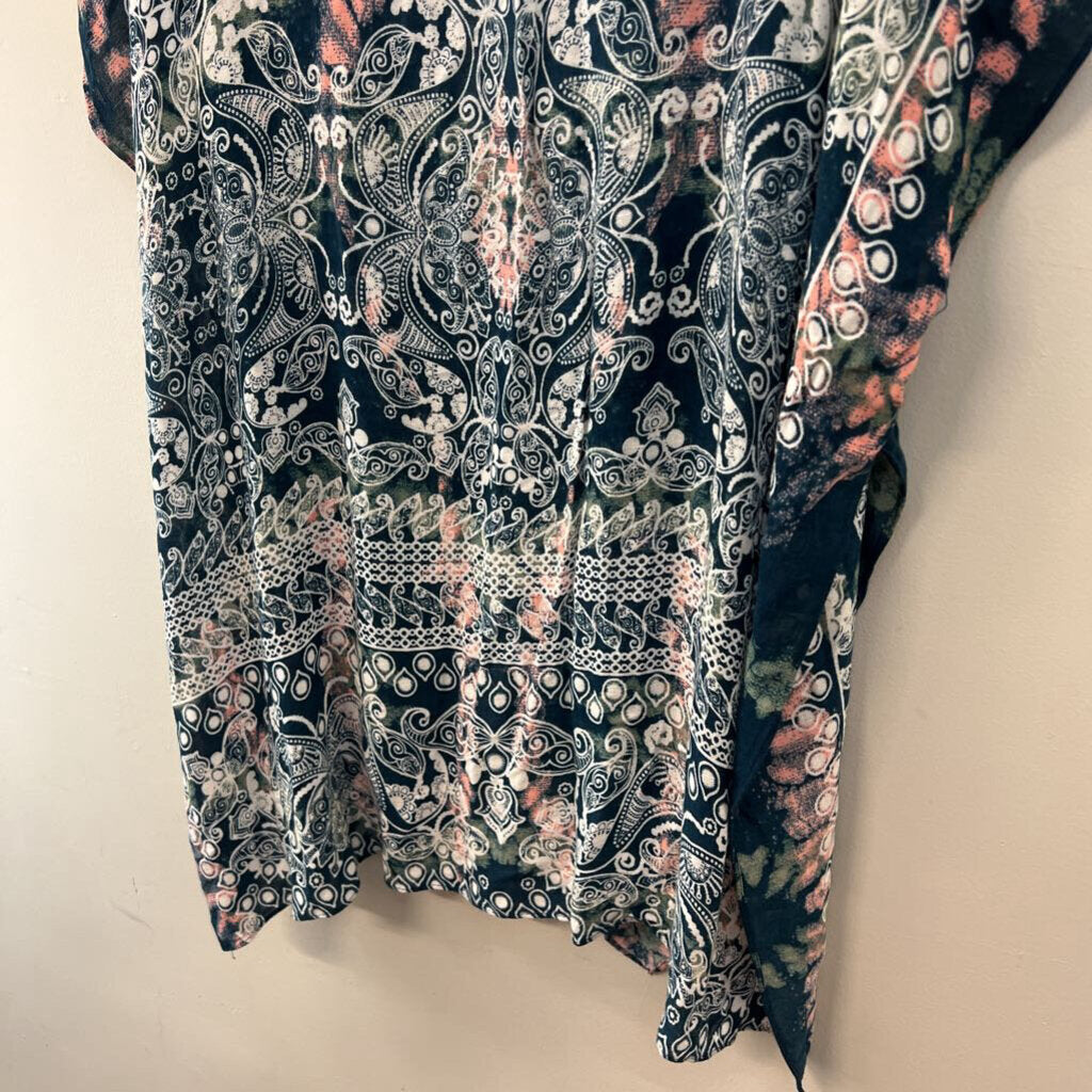 Altar'd State Blue/ Multi Print Short Sleeve Open Front Kimono Top One Size